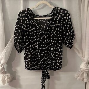 Black and White Polka Dot Semi Sheer Blouse with front tie